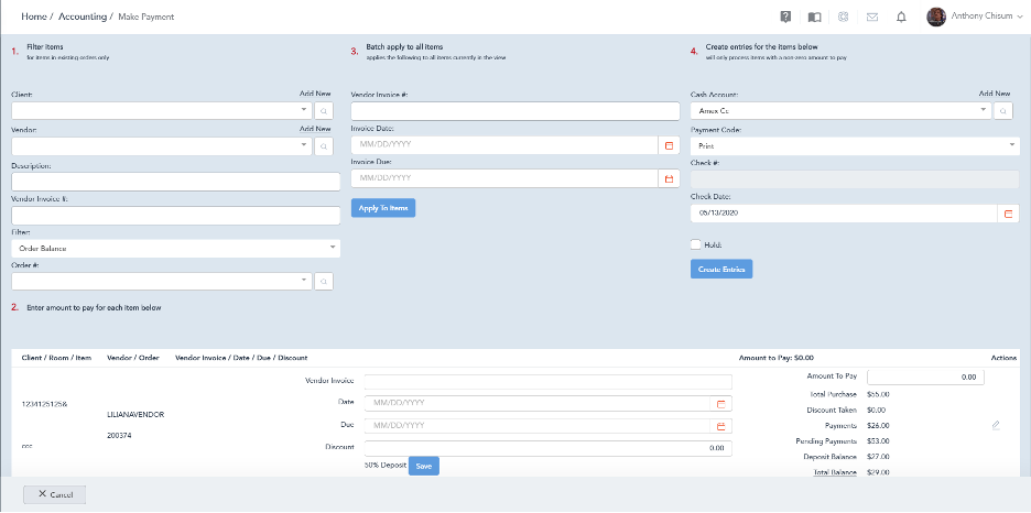 Entering Payments for Orders