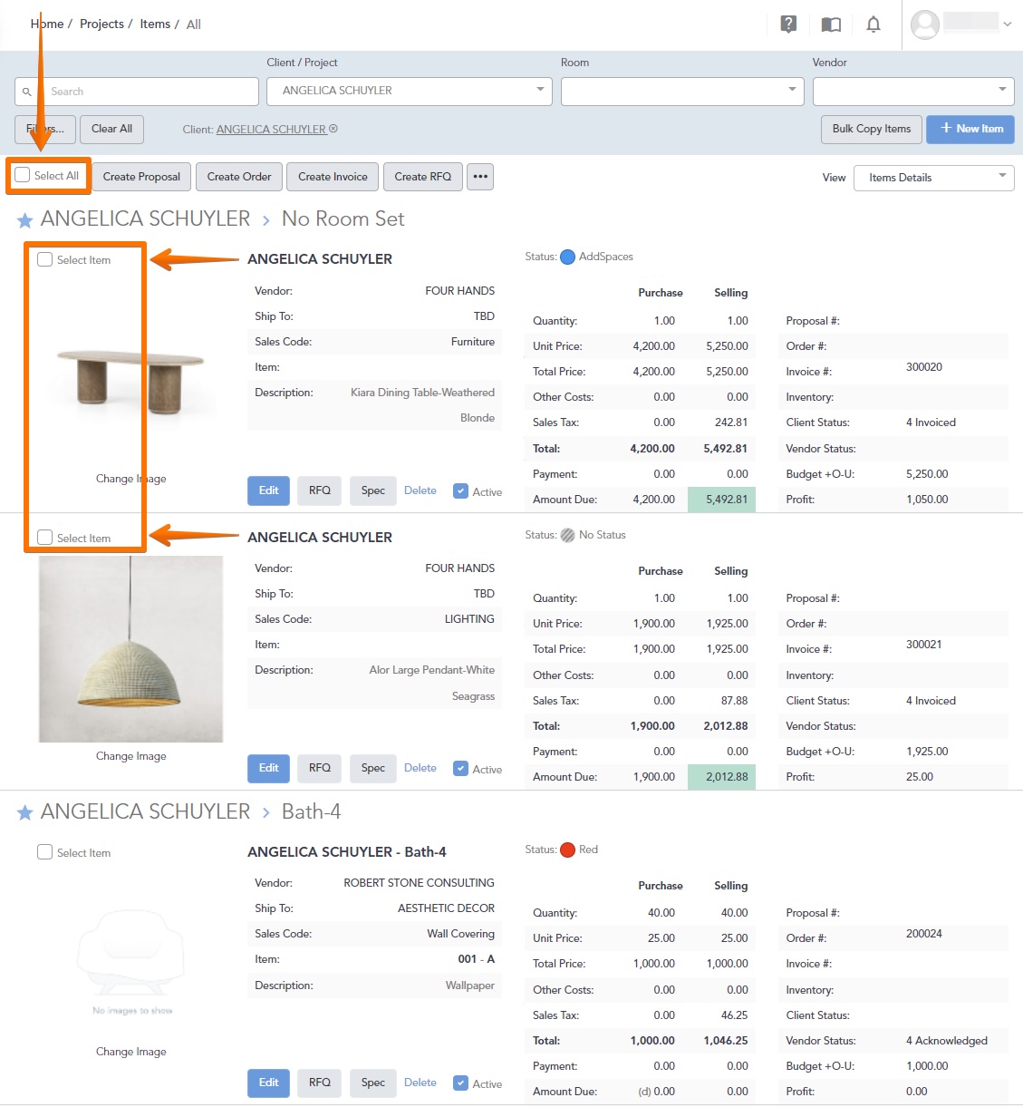 How do I add multiple items to an existing invoice or purchase order?