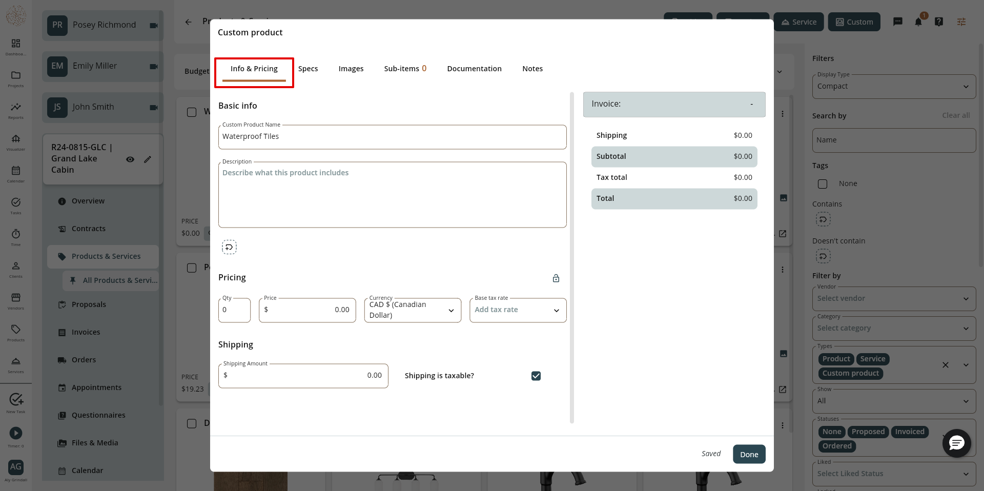 Add and Edit a Custom Product in a Project